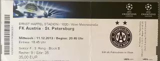 Билет Аустрия Австрия— Зенит Санкт-Петербург 11 декабря 2013 г. Лига Чемпионов.
