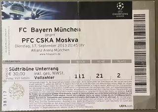 Билет. Бавария Германия - ЦСКА Москва 17 сентября 2013 года. Лига Чемпионов.