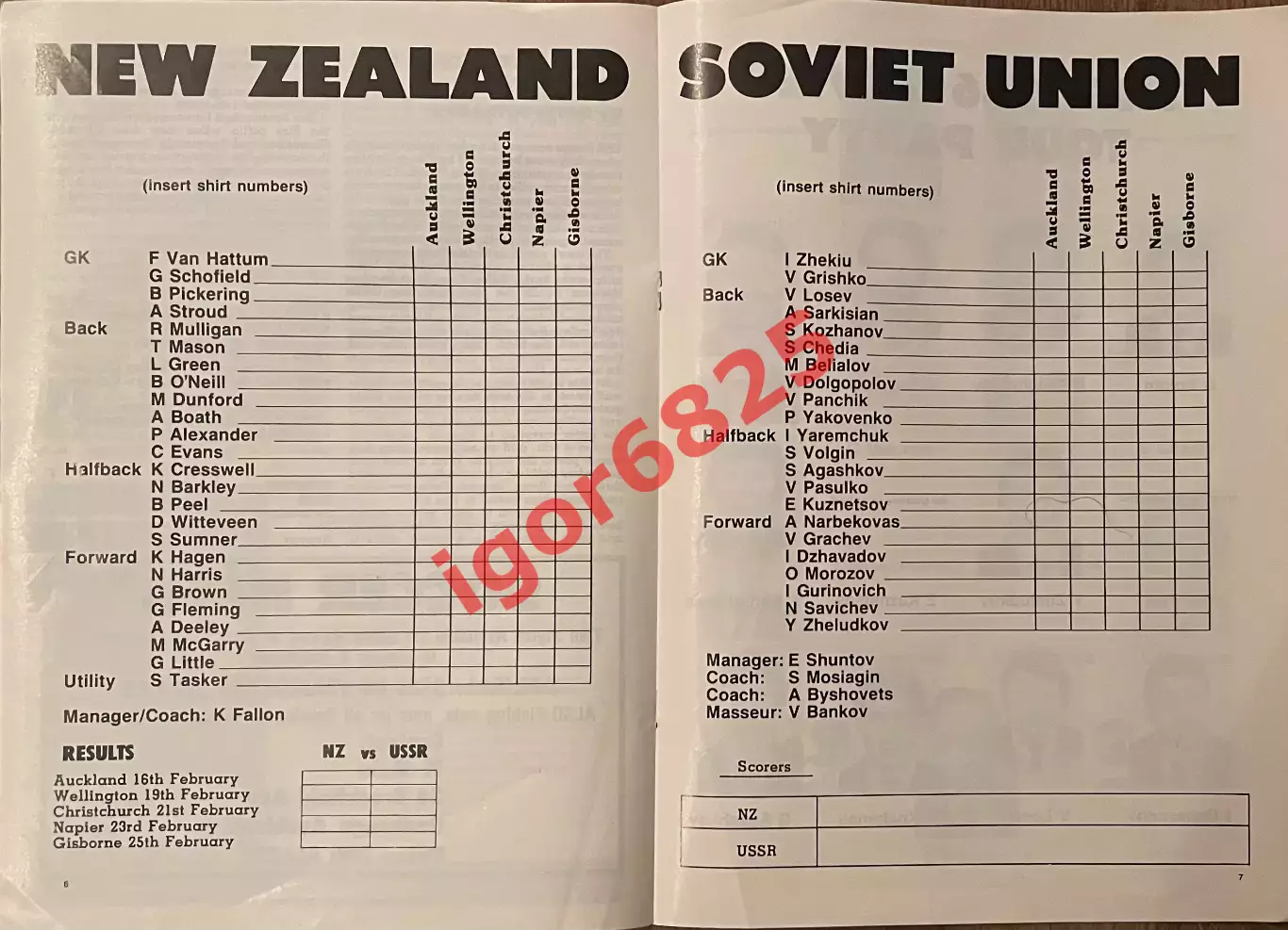 Новая Зеландия - сборная клубов СССР 16-25 февраля 1986 г. Желудков Долгополов 1