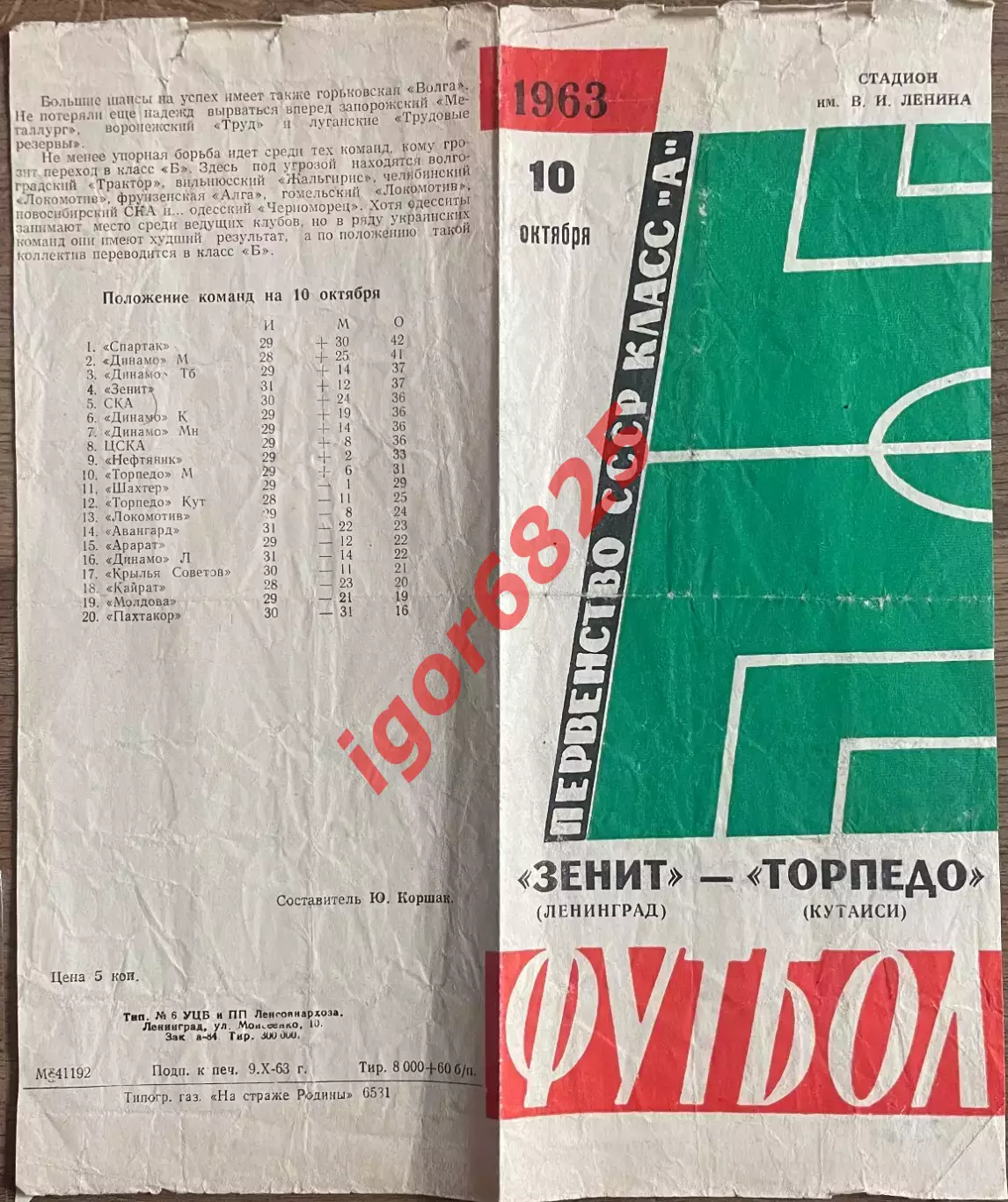 Зенит Ленинград - Торпедо Кутаиси. 10 октября 1963 года. Чемпионат СССР 2