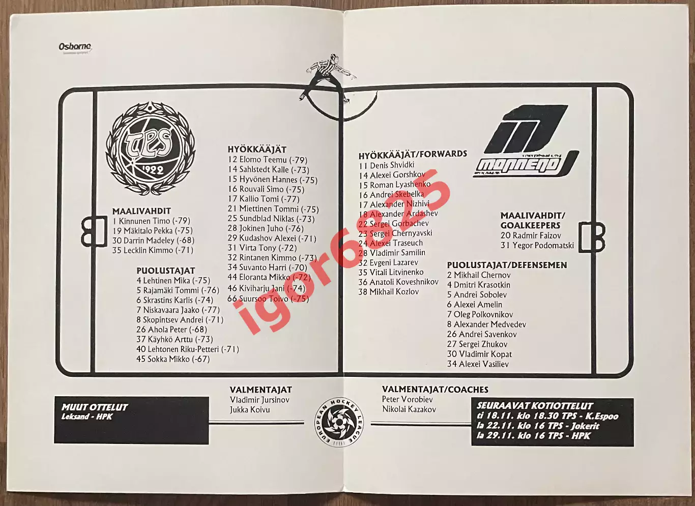 ТПС Турку Финляндия - Торпедо Ярославль Россия. 11 ноября 1997 года. Евролига 1
