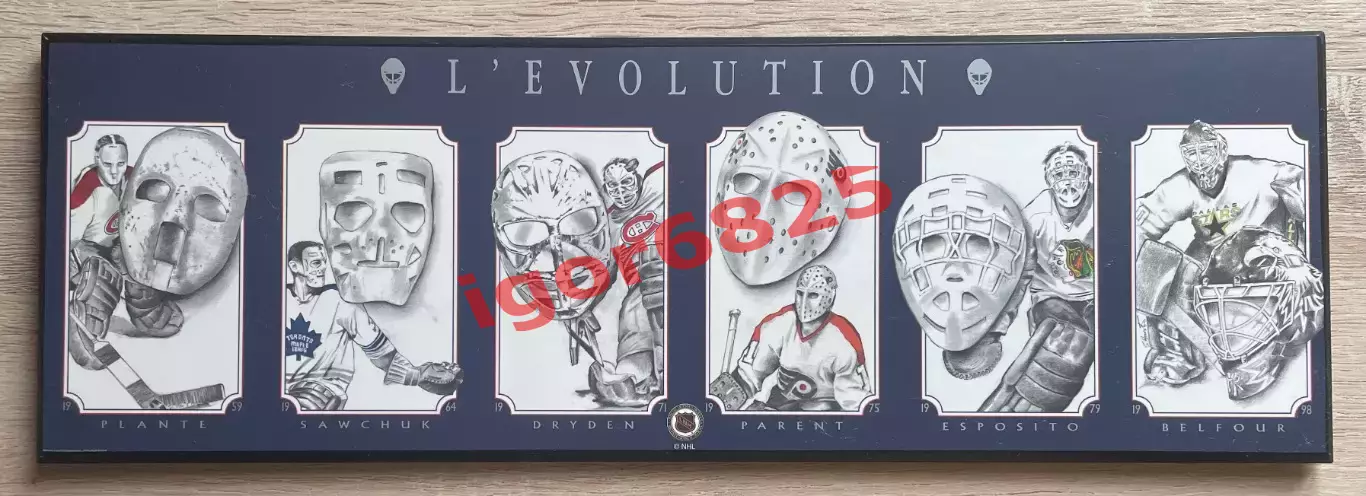 ХОККЕЙ Винтажное деревянное панно панель NHL «L’Evolution»маски вратарей НХЛ