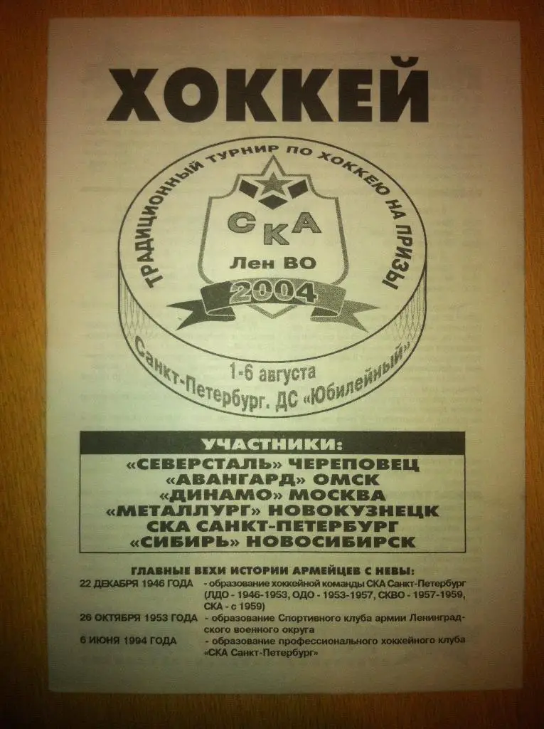 Турнир на приз СКА Лен ВО 1-6 августа 2004 года ( СКА,Динамо Москва,Авангард )
