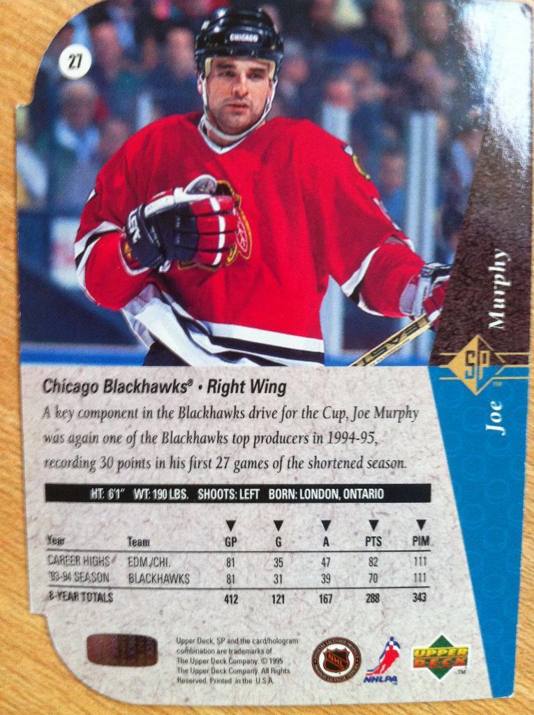 Хоккейная карточка Джо Мерфи (Joe Murphy) игрок Чикаго Блэкхокс 1993-94 годов. 1