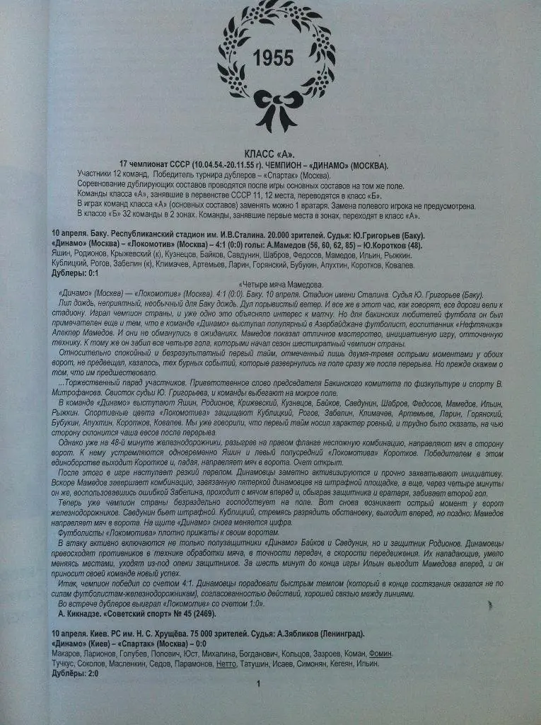 История футбола СССР. Чемпионат СССР, Кубок СССР 1955 год. 1