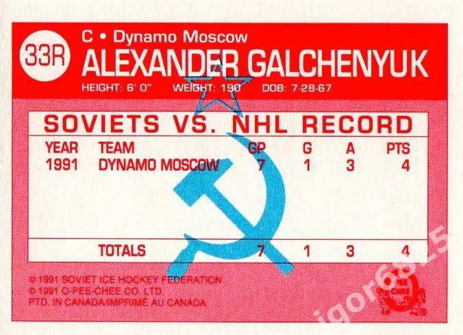 Карточка Александр Гальченюк33Rк серии Динамо Москва - клубы НХЛ 1990-91 г. 1