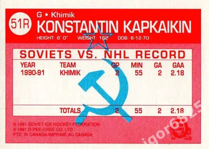 Карточка Константин Капкайкин 51Rк серии Химик Воскресенск-клубы НХЛ 1990-91 г 1