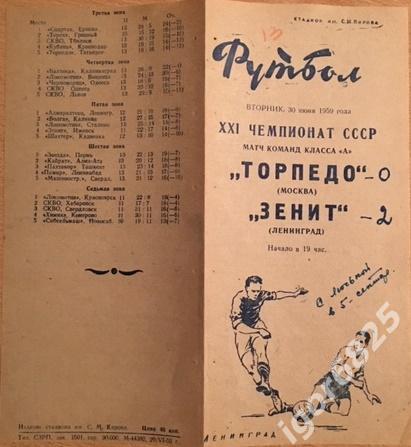 Зенит Ленинград - Торпедо Москва . 30 июня 1959 года. Чемпионат СССР 1