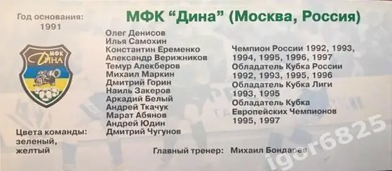 Дина Россия-Интер Ульбра Бразилия. 9 октября 1997 г. Билет-программа с составами 2