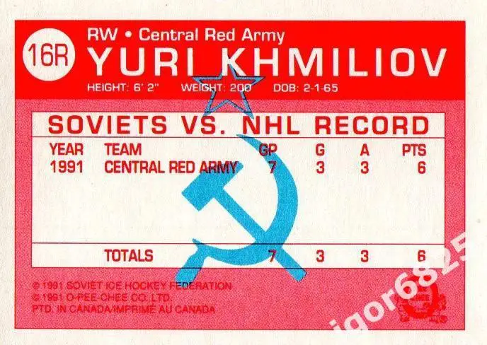 Карточка Юрий Хмылев 16R к серии ЦСКА Москва - клубы НХЛ 1990-91 г. Канада 1
