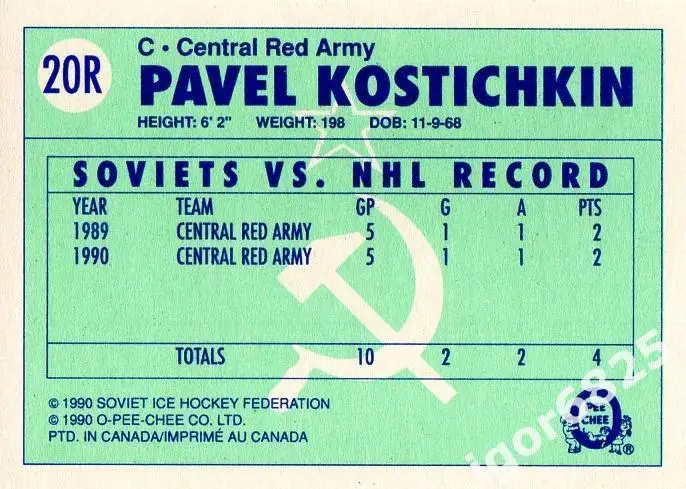 Карточка Павел Костичкин 20R к серии ЦСКА- клубы НХЛ 1989-90 г.Канада 1