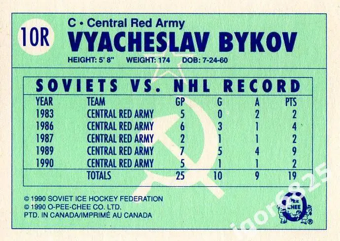 Карточка Вячеслав Быков 10R к серии ЦСКА Москва-клубы НХЛ 1989 - 90 г. Канада 1
