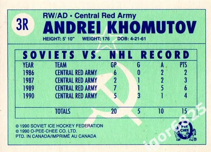 Карточка Андрей Хомутов 3R к серии ЦСКА Москва - клубы НХЛ 1989-90 г. Канада 1