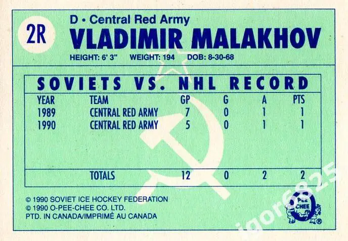 Карточка Владимир Малахов 2R к серии ЦСКА Москва - клубы НХЛ 1989-90 г. Канада 1