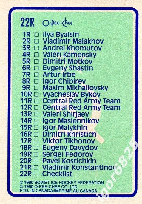 Карточка к суперсерии ЦСКА-клубы НХЛ 1989/1990. Список.CHECKLIST 1R-22R Канада 1