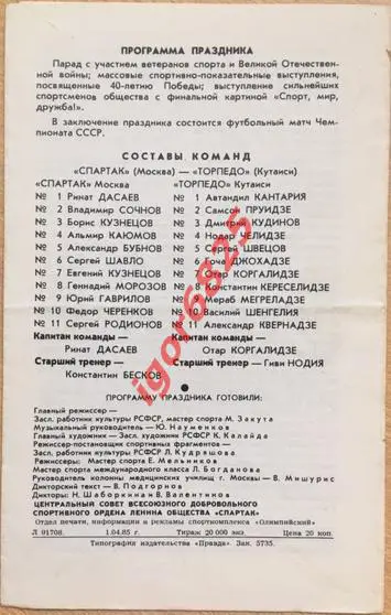 Спартак Москва - Торпедо Кутаиси. 21 апреля 1985 года. Чемпионат СССР. 1