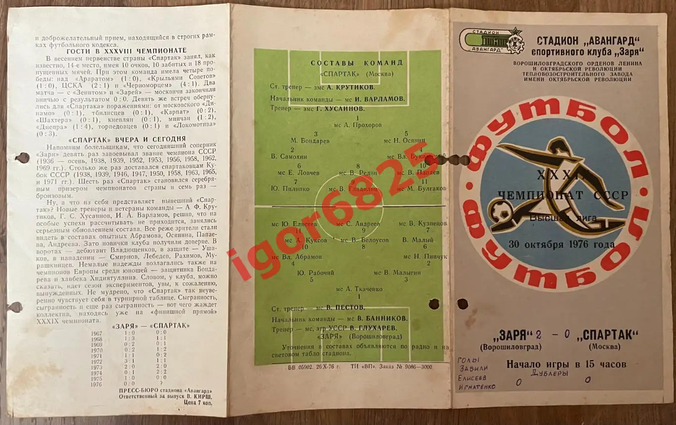 Заря Ворошиловград - Спартак Москва. 30 октября 1976 года. Чемпионат СССР. 2