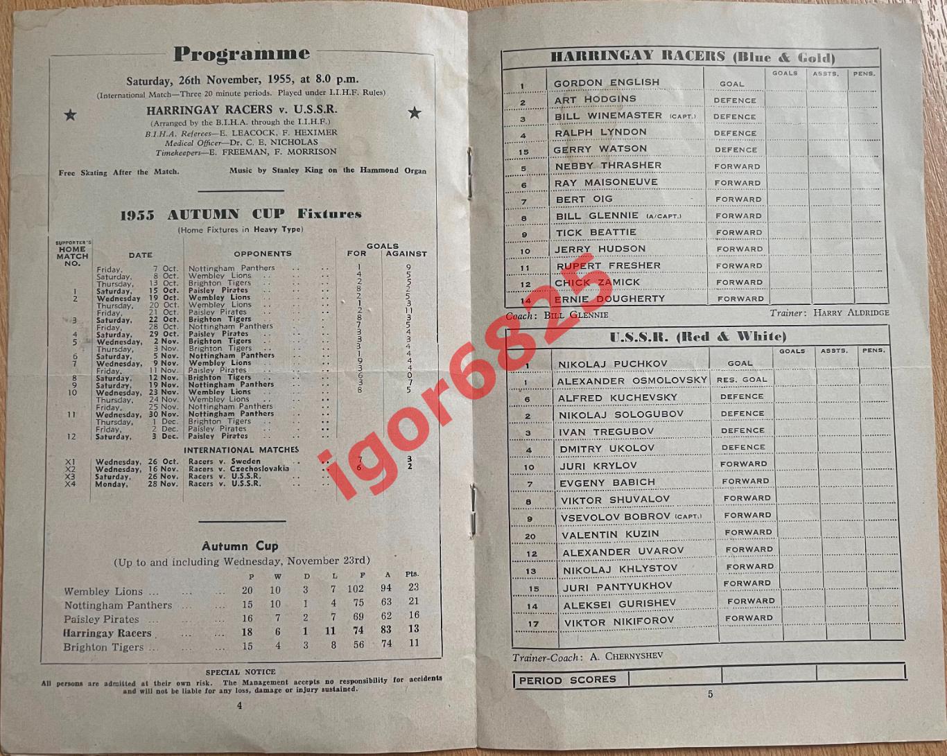 Харрингей Рейсерз Англия - СССР. 26 ноября 1955 года. Товарищеский матч. 1