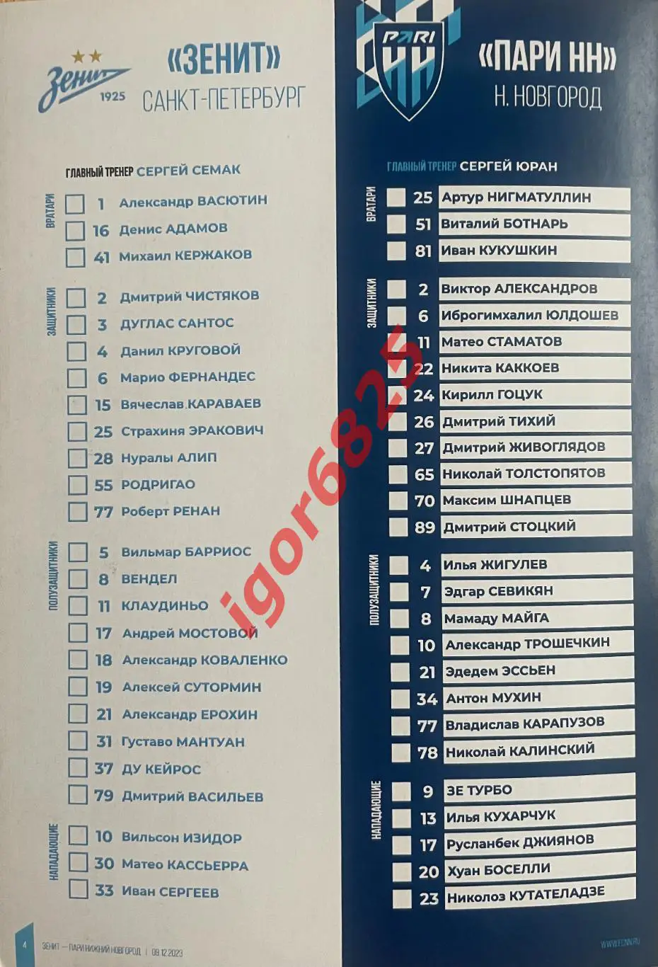 Зенит Санкт-Петербург-Пари НН Нижний Новгород 9 декабря 2023 г. Чемпионат России 1