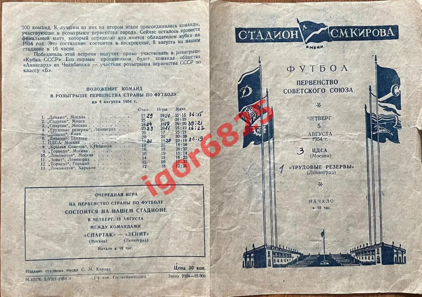Трудовые резервы Ленинград - ЦДСА Москва. 5 августа 1954 года. Первенство СССР. 1