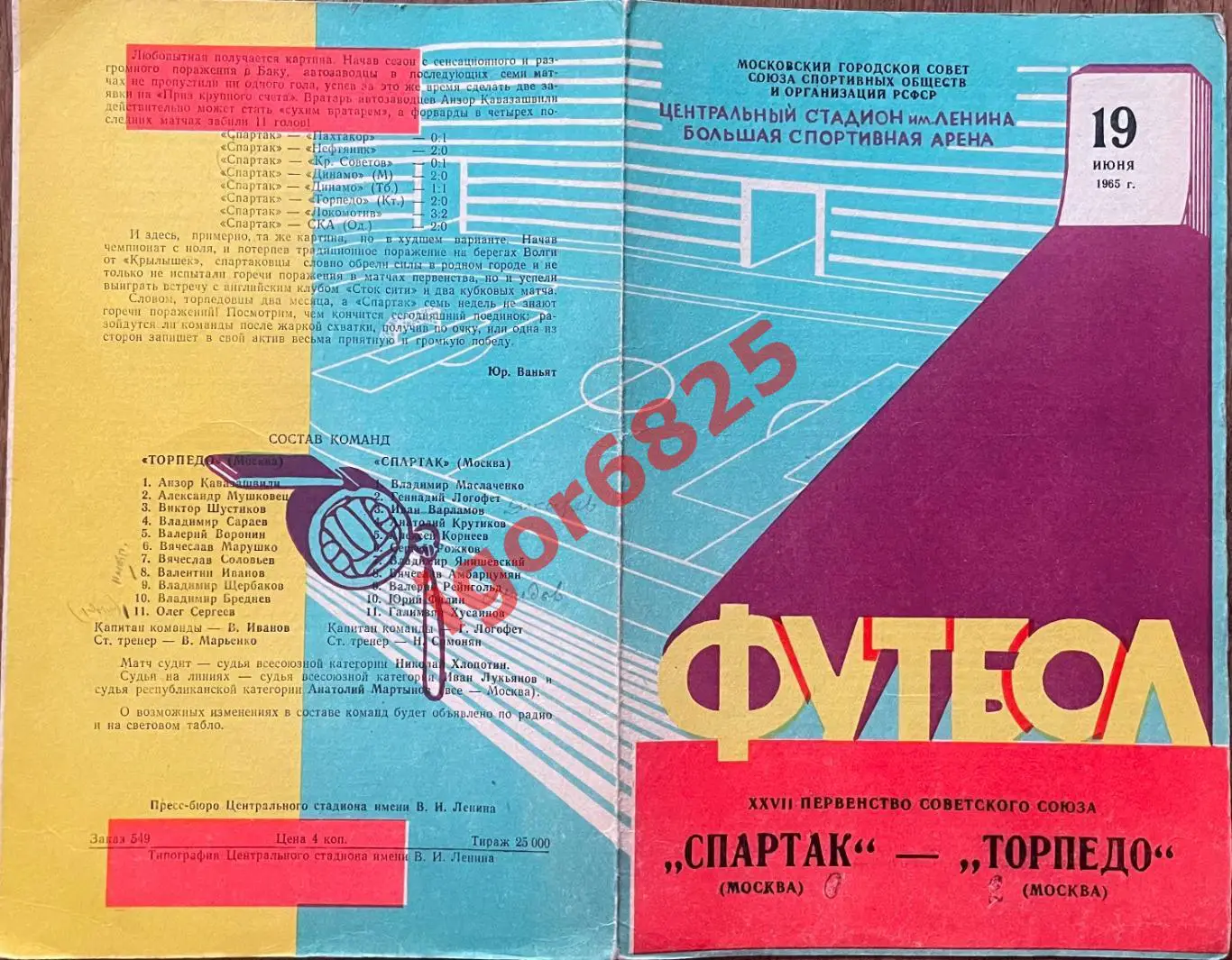 Спартак Москва - Торпедо Москва. 19 июня 1965 года. Чемпионат СССР 1