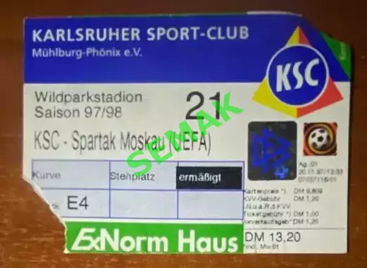 Карлсруэ Германия - Спартак Москва - 20.11.1997. Билет ЛЧ.