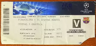Барселона Испания/FC BARСELONA - Спартак Москва/SPARTAK - 19.09.2012. Билет