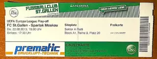 Санкт Галлен Швейцария - Спартак Москва - 22.08.2013. Билет футбол