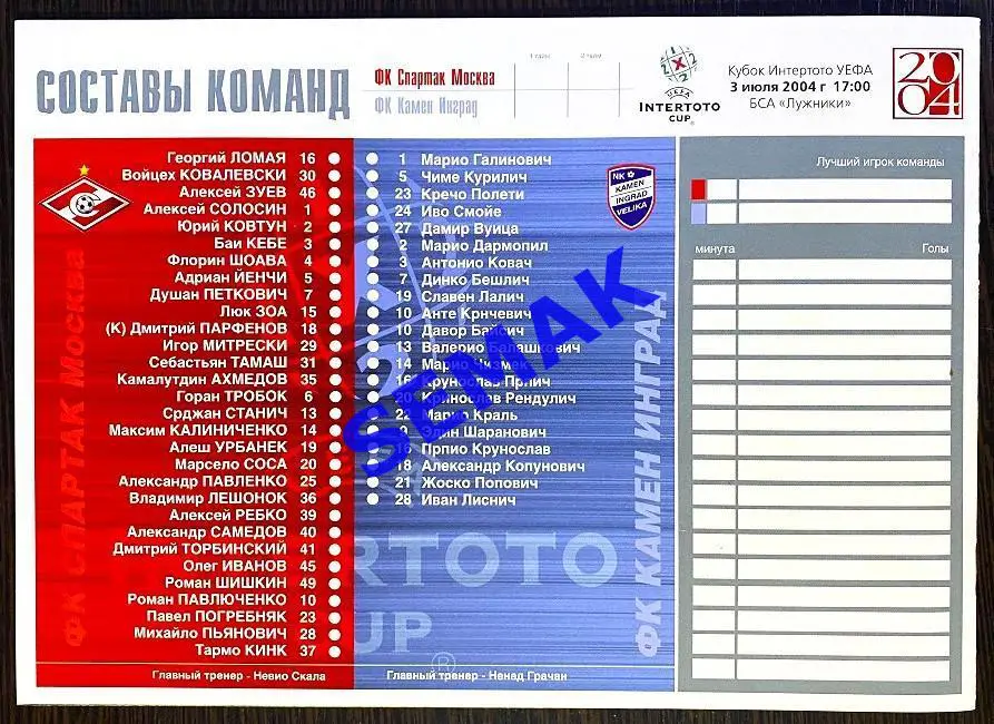 Спартак Москва - Камен Инград Хорватия - 03.07.2004 Кубок ИнтерТоТо 3