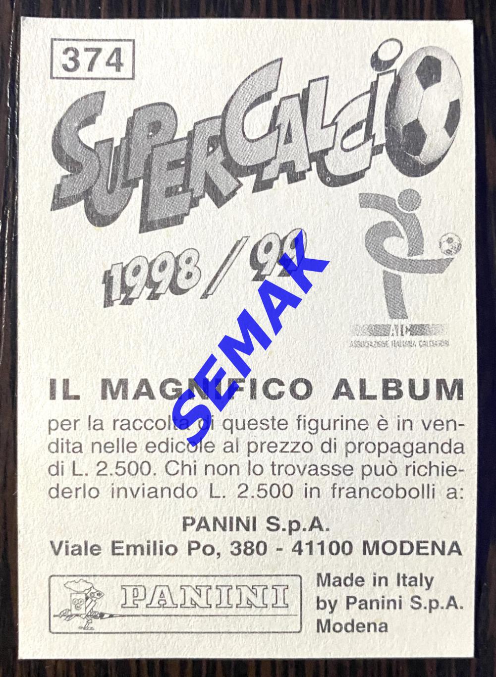 Панини - Panini. стикеры-наклейки №-374 Супер-Кальчо 1998/1999. 1