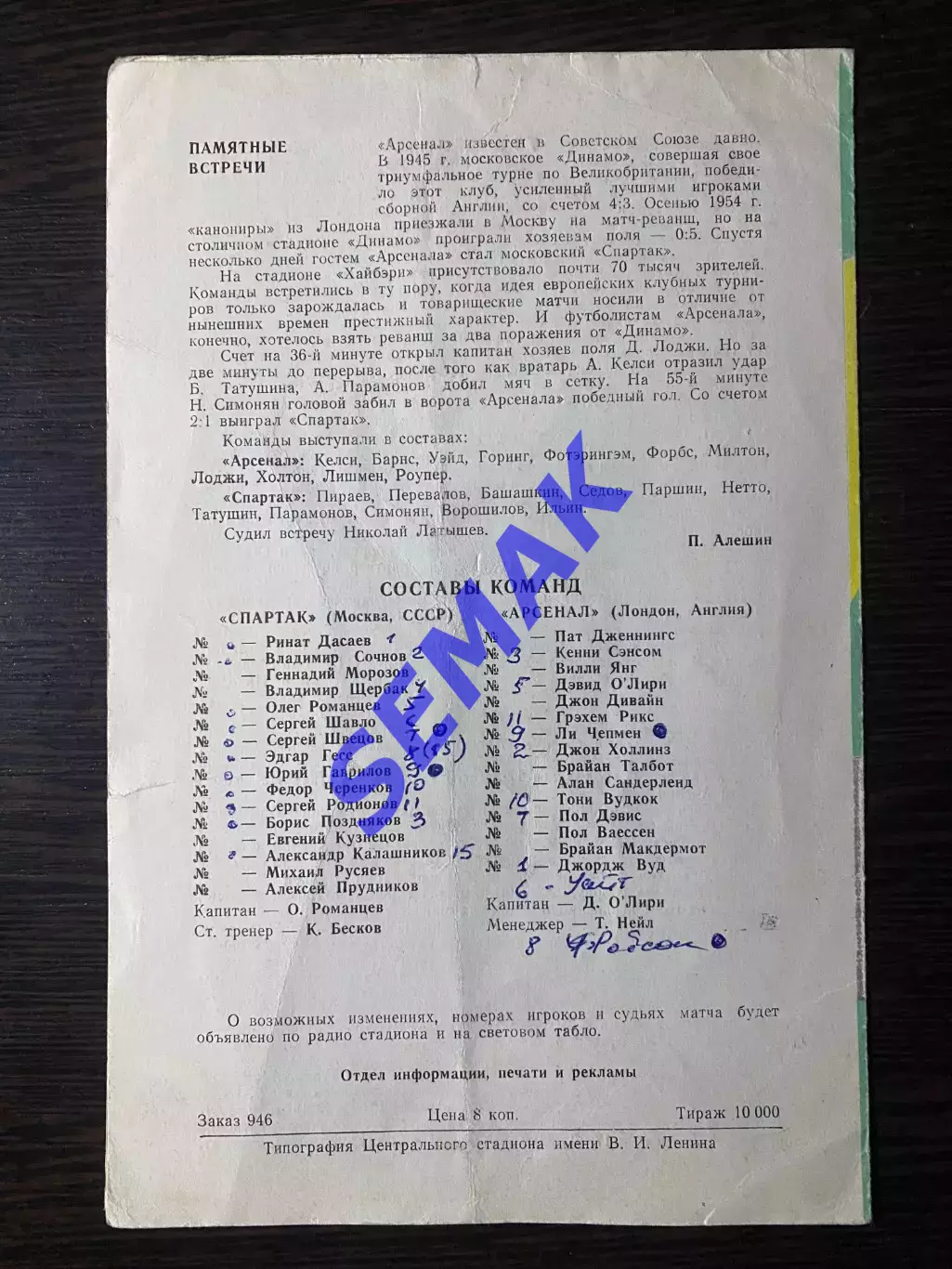 Спартак/Москва - Арсенал/ARSENAL Лондон, Англия - 14.09.1982. 1