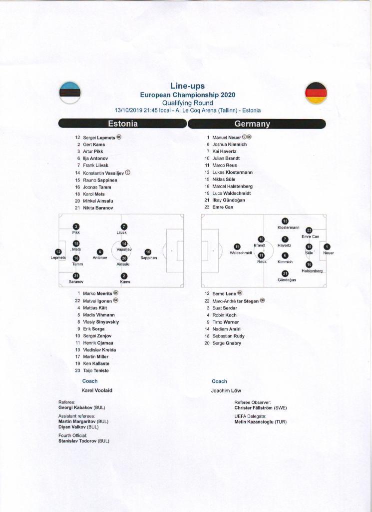Эстония - Германия 13 октября 2019 Отборочный матч Евро-2020 протокол Team Sheet
