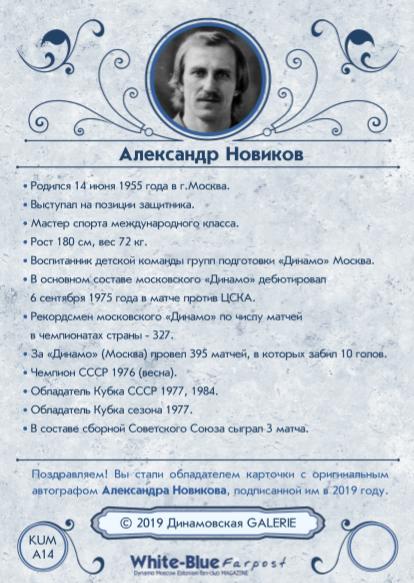 Александр Автоген НОВИКОВ коллекционная карточка из коллекции DG Динамо Москва 1