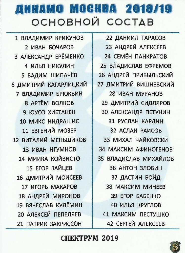 42 карточки SPECTRUM Динамо Москва 2018-19 Полный базовый сет в упаковке 1