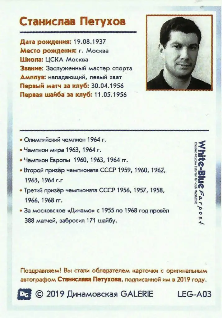 НОВИНКА!!! Станислав ПЕТУХОВ карта из коллекции DG Динамо Москва 1
