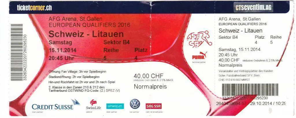 Билет. Футбол. Швейцария - Литва. 2014