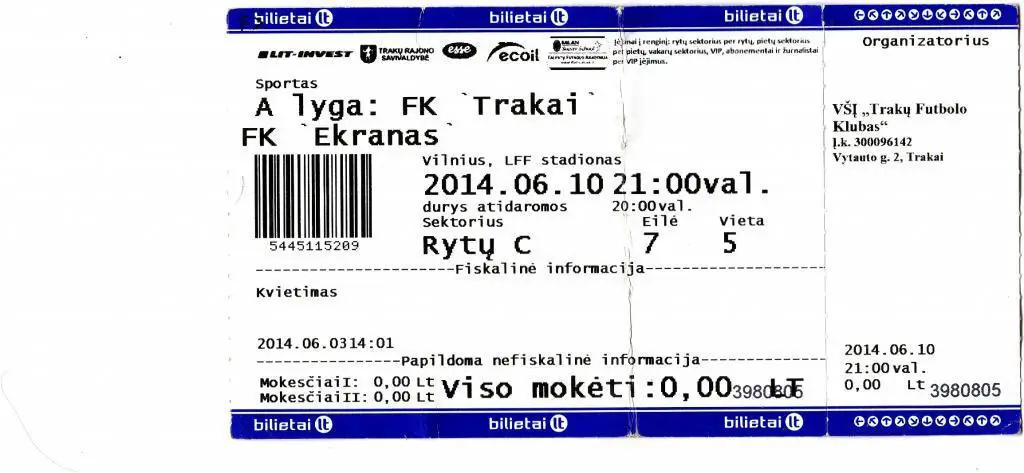 Футбол. Чемпионат Литвы. Тракай - Экранас 10.06.2014