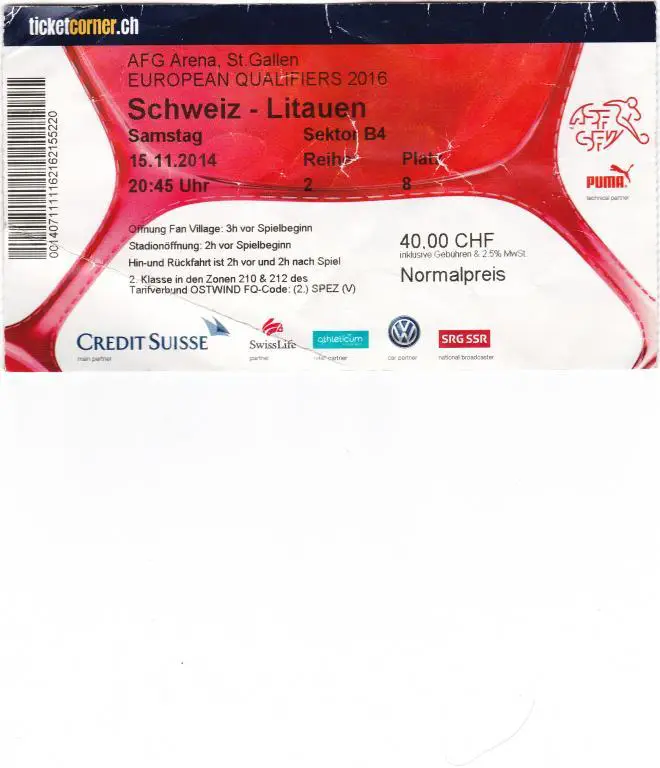 Билет. Футбол. Швейцария - Литва. 2014