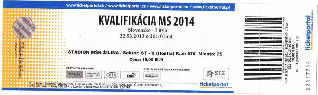 Билет. Футбол. Словакия - Литва. 22.03.2013