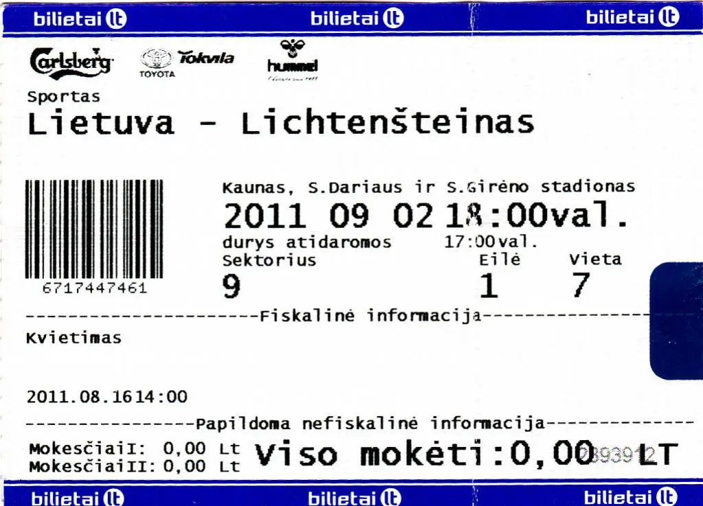 Билет. Литва - Лихтенштейн. 2011