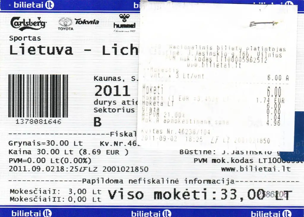 Билет. Литва - Лихтенштейн. 2011