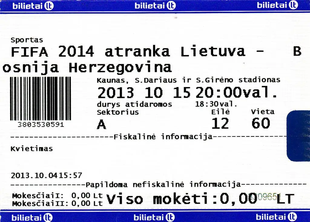 Билет. Литва - Босния 2013
