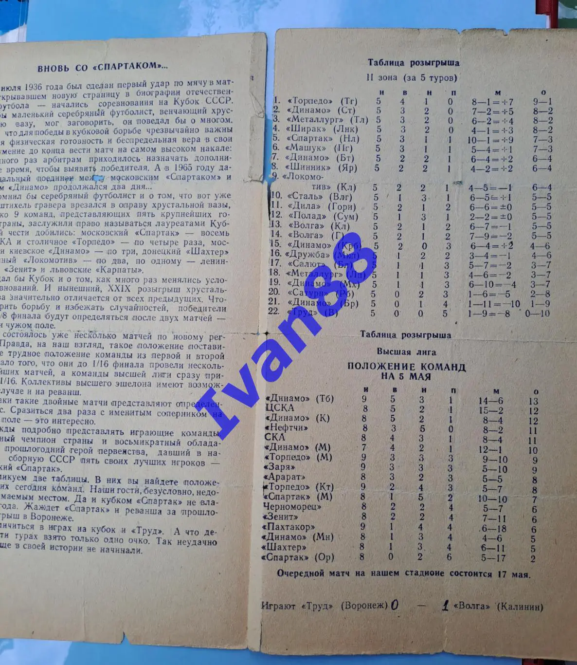 Раритетище! Труд Воронеж - Спартак Москва 1970 Кубок СССР 1