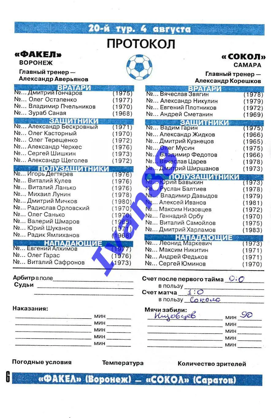 Факел Воронеж - Сокол Саратов 2001 1