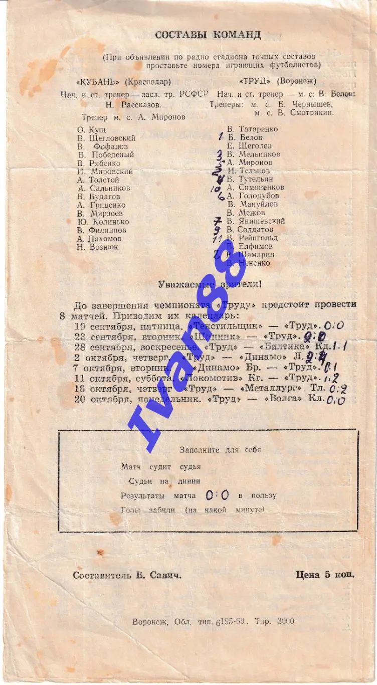 Труд Воронеж - Кубань Краснодар 1969 1