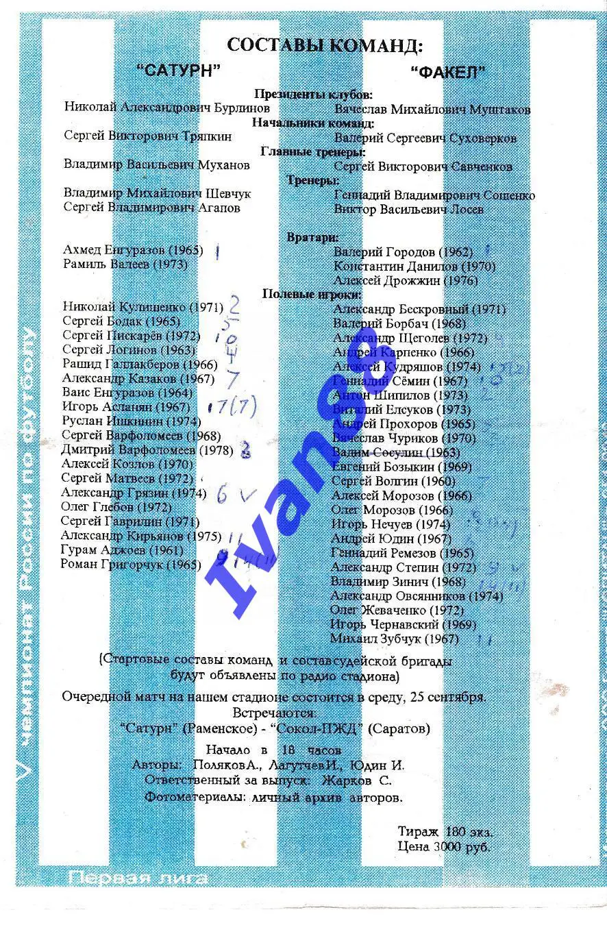 Сатурн Раменское - Факел Воронеж 1996 1