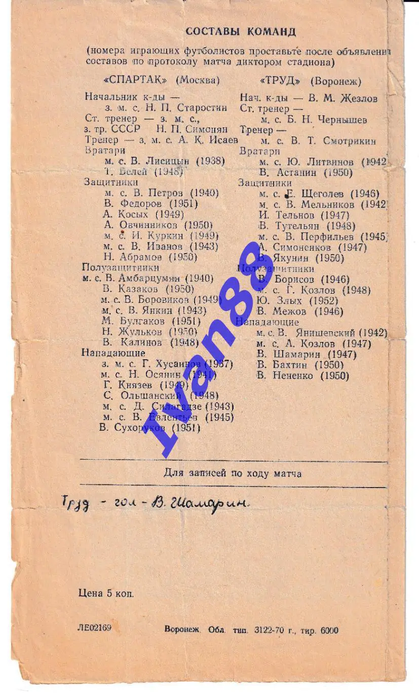 Труд Воронеж - Спартак Москва 1970 Кубок СССР 1