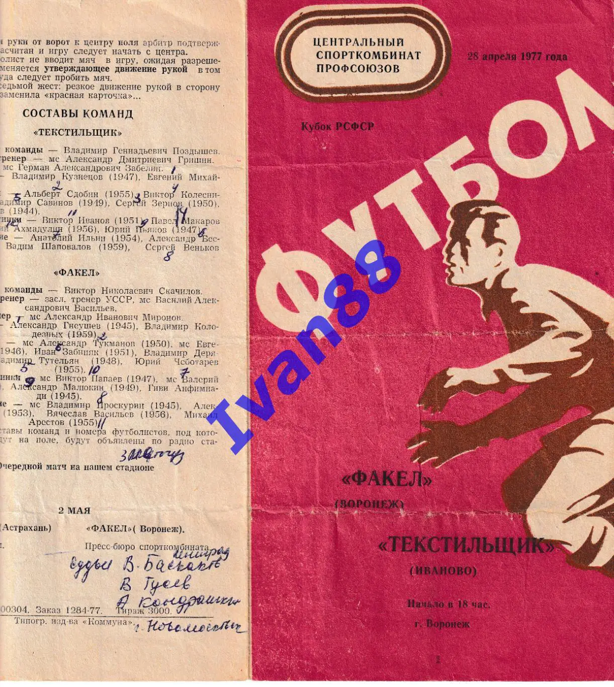 Факел Воронеж - Текстильщик Иваново 1977 Кубок РСФСР