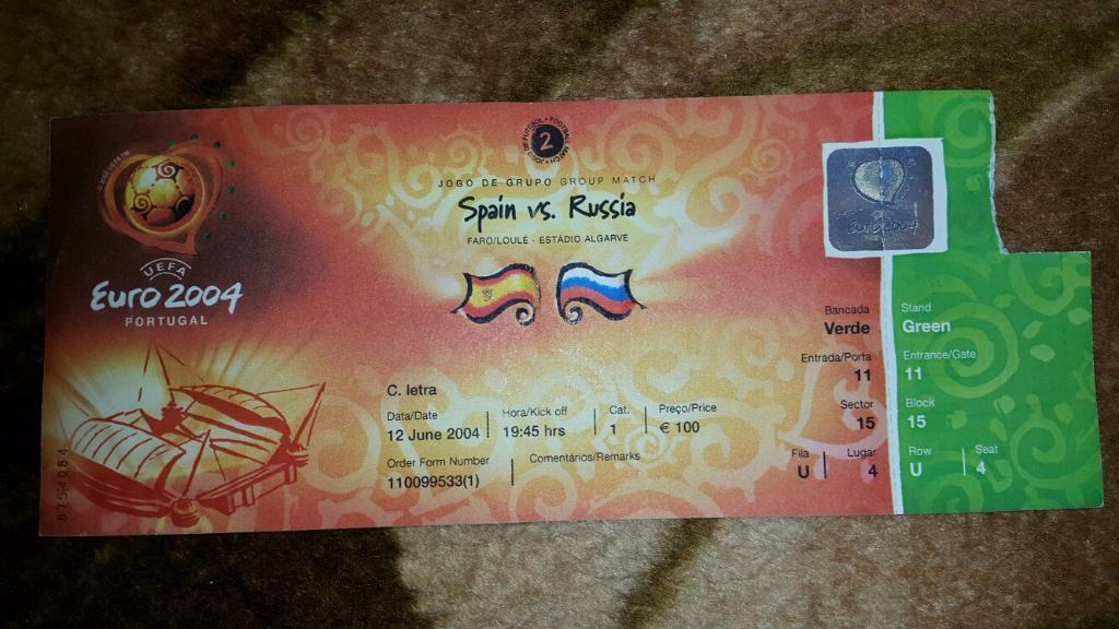 Билет.Футбол. Испания-Россия 12.06.2004 г. Чемпионат Европы.Португалия.