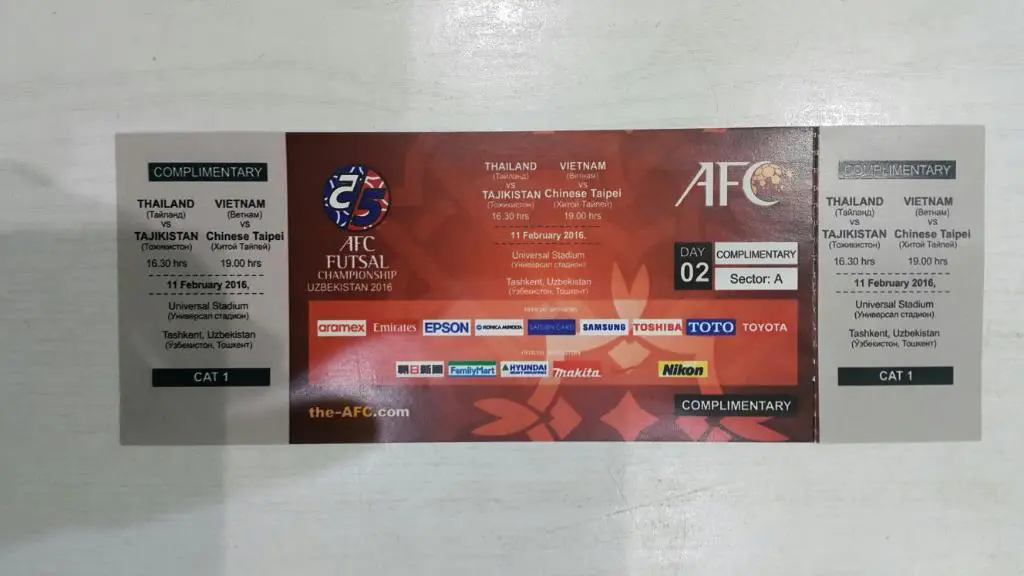 Билет. Мини-футбол. Таиланд - Таджикистан. Ташкент 11.02.2016 г.
